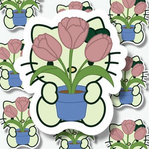 May include: A sticker featuring a cartoon character holding a blue flower pot with three pink tulips and green leaves. The character has a light green face and black outlines, with additional stickers in the background.
