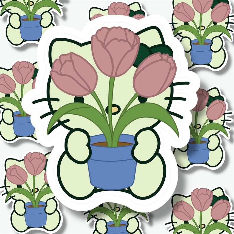May include: A sticker featuring a cartoon character holding a blue flower pot with three pink tulips and green leaves. The character has a light green face and black outlines, with additional stickers in the background.