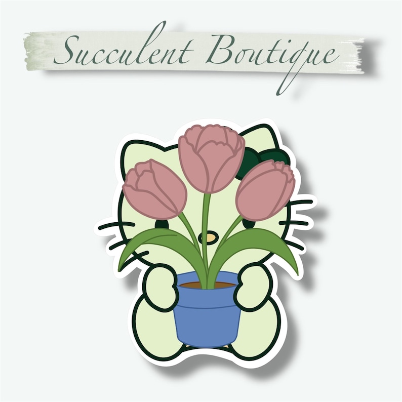 May include: A sticker featuring a cartoon cat holding a blue flower pot with three pink tulips. The cat is light green with black whiskers and a black bow. The text "Succulent Boutique" is above the cat.