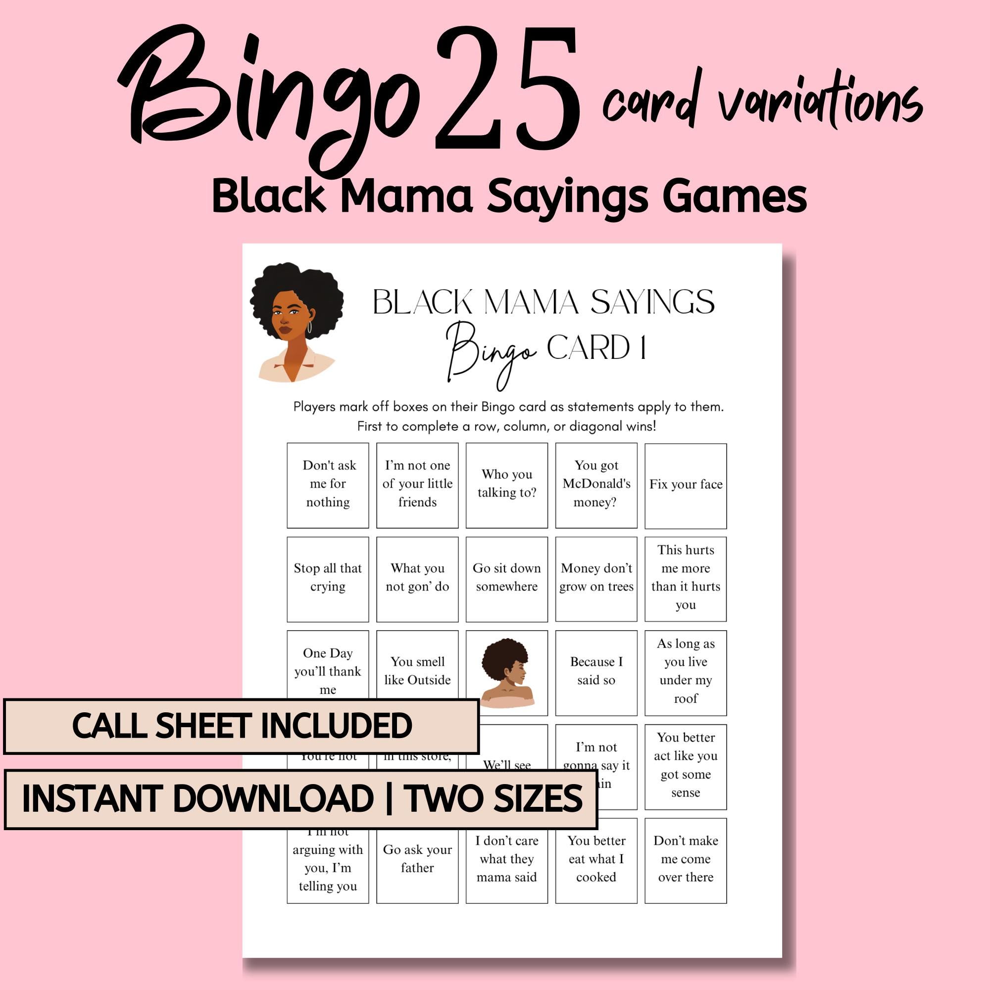 Black Mama Sayings Bingo 25 Cards: Mother's Day Activity, Black