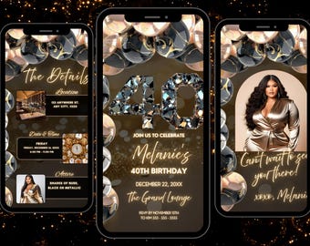 Elegant 40th Birthday Video Invitation: Diamond Forty Balloon Invite, Neutral Glam (eCard)