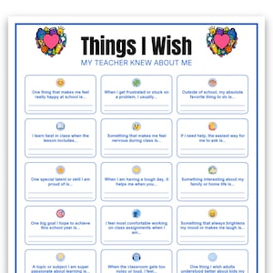May include: A white printable worksheet titled Things I Wish My Teacher Knew About Me, featuring blue borders, two heart-shaped school supply icons, and fifteen rectangular boxes with prompts and emojis for students to fill in their personal thoughts.