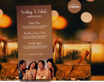 Menú de bebidas "Esperando para exhalar": Plantillas de Canva para una noche de chicas con temática de los 90