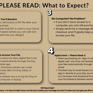 May include: A tan-colored graphic with the text "PLEASE READ: What to Expect?" and numbered sections detailing file access, purchase instructions, and troubleshooting tips for Etsy digital downloads. Includes information for Apple users.