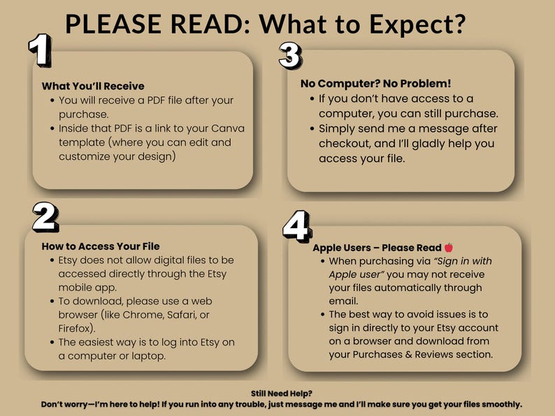 May include: A tan-colored graphic with the text "PLEASE READ: What to Expect?" and numbered sections detailing file access, purchase instructions, and troubleshooting tips for Etsy digital downloads. Includes information for Apple users.