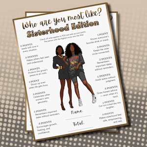 Puede incluir: Una hoja de juego titulada "¿A quién te pareces más? Edición Hermandad" con ilustraciones de dos mujeres. La hoja incluye declaraciones basadas en puntos sobre la hermandad, con espacios para un nombre y una puntuación total. El fondo es beige claro.