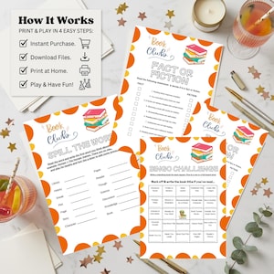 May include: A collection of printable book club games, including Fact or Fiction, Spill the Word, and Bingo Challenge. The designs feature a stack of books and orange accents. The text reads "How It Works" and "Print & Play in 4 Easy Steps."