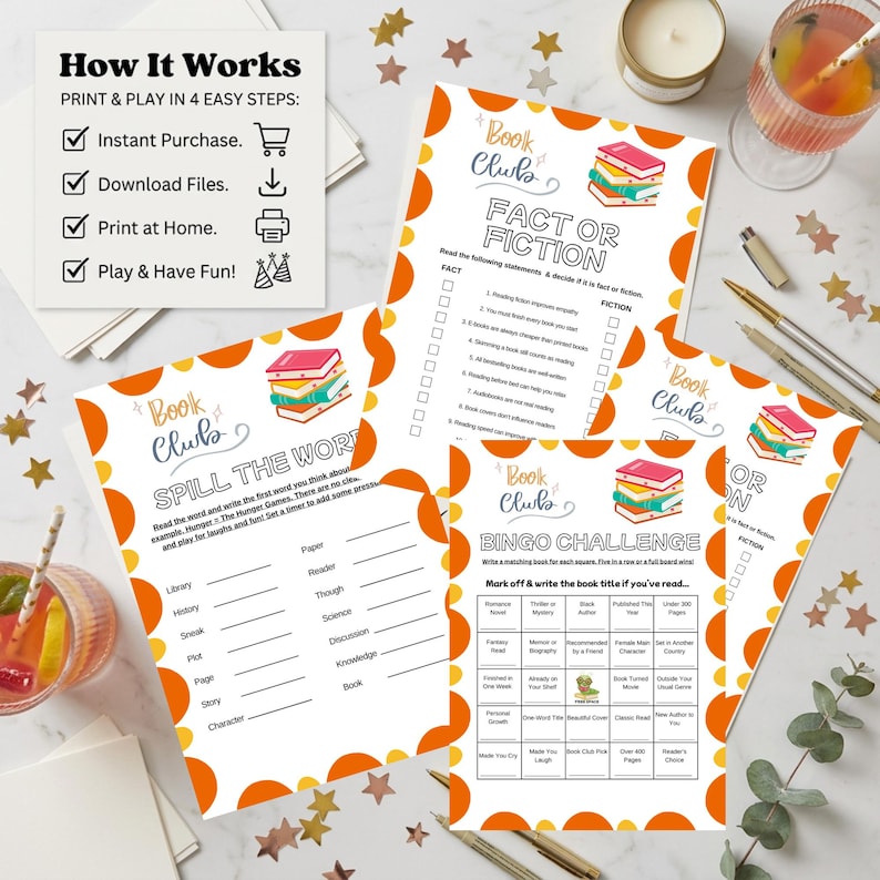 May include: A collection of printable book club games, including Fact or Fiction, Spill the Word, and Bingo Challenge. The designs feature a stack of books and orange accents. The text reads "How It Works" and "Print & Play in 4 Easy Steps."