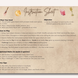 May include: Instruction sheet with text, illustrations, and instructions for a game called "Sip & Tell." The sheet is beige with illustrations of a guitar, disco ball, cocktail, and microphone. The game involves dice, tokens, and wild cards.