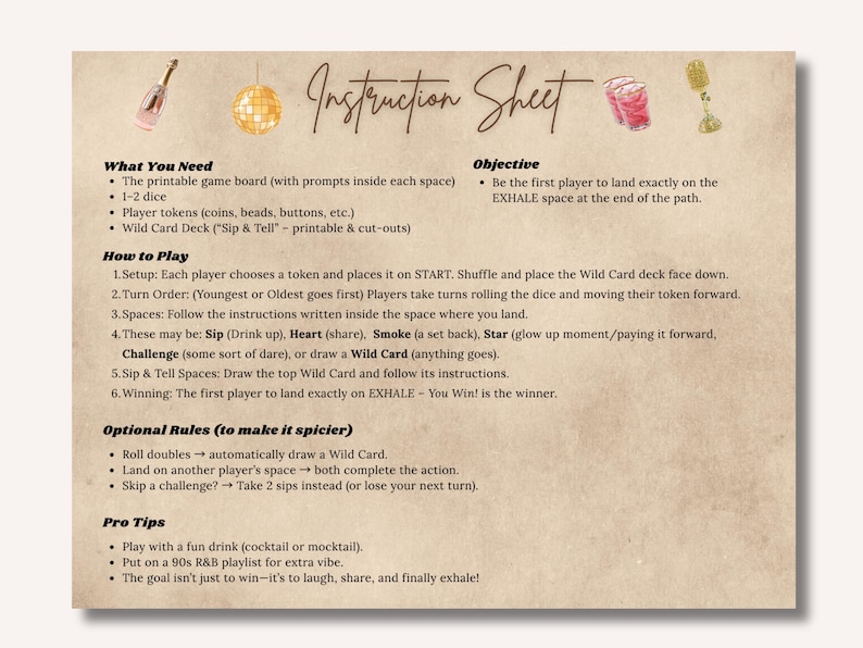 May include: Instruction sheet with text, illustrations, and instructions for a game called "Sip & Tell." The sheet is beige with illustrations of a guitar, disco ball, cocktail, and microphone. The game involves dice, tokens, and wild cards.