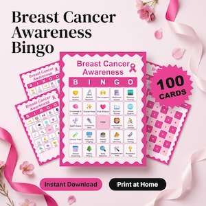 May include: A set of Breast Cancer Awareness Bingo cards featuring a pink and white color scheme. The cards include a grid with icons and text labels like Support System, Medical Research, and Pink Ribbon. A starburst graphic states 100 CARDS.