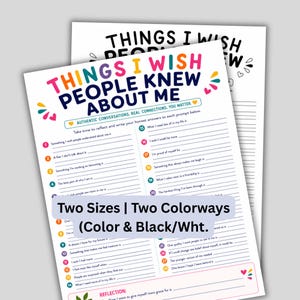 May include: A printable reflection worksheet titled Things I Wish People Knew About Me with twenty-eight numbered prompts and lines for writing. The document features colorful headers and accents, with a secondary black and white version visible behind it.