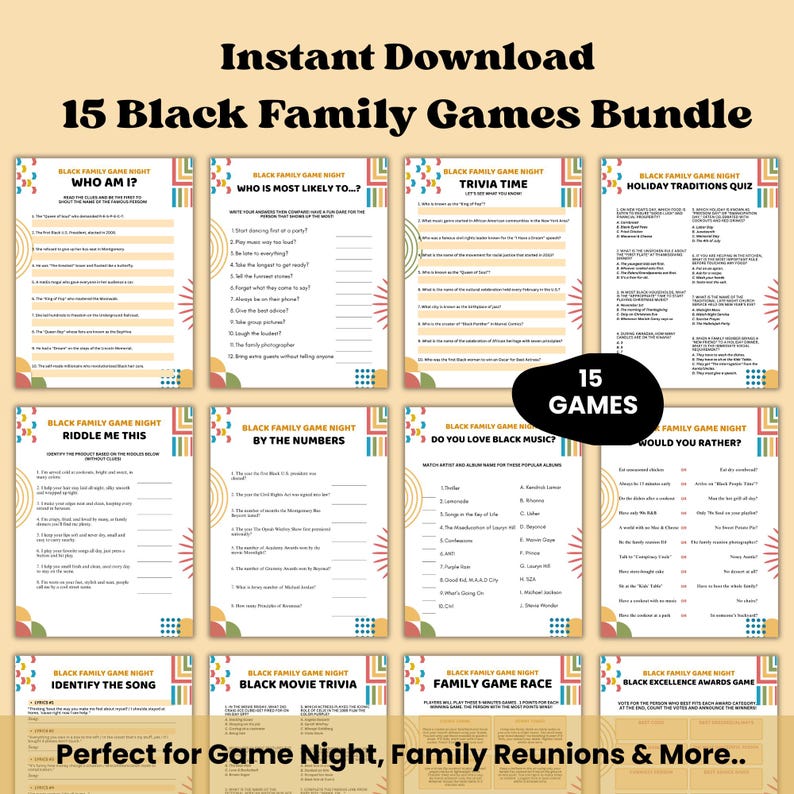Peut inclure: Un ensemble de 15 jeux de famille noirs pour les soir&eacute;es de jeux et les r&eacute;unions de famille. Les jeux comprennent des quiz, des &eacute;nigmes et des questions de culture g&eacute;n&eacute;rale. Le texte de l'image indique "T&eacute;l&eacute;chargement instantan&eacute;".