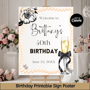 May include: A printable birthday sign on an easel. The sign is white with a pearl border and features the text "Welcome to Brittany's 40th Birthday" with a champagne glass and black bow. A floral design is in the upper left corner.