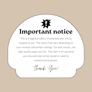 Op de afbeelding: Een witte, onregelmatig gevormde afbeelding met de tekst "Important notice" in vette zwarte letters. De tekst hieronder beschrijft de digitale aard van het product, kleurvariaties en gebruiksbeperkingen. De woorden "Thank You!" zijn cursief geschreven.