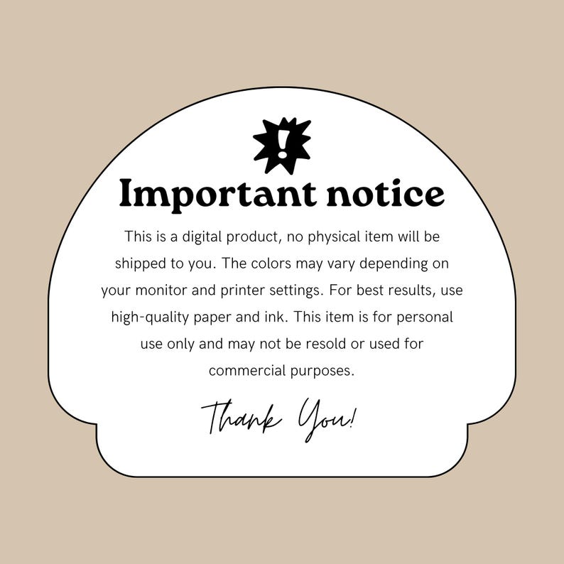 Op de afbeelding: Een witte, onregelmatig gevormde afbeelding met de tekst "Important notice" in vette zwarte letters. De tekst hieronder beschrijft de digitale aard van het product, kleurvariaties en gebruiksbeperkingen. De woorden "Thank You!" zijn cursief geschreven.