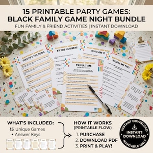 Peut inclure: Un ensemble de 15 jeux de soir&eacute;e Black Family Game Night imprimables. L'image pr&eacute;sente des feuilles de jeu, des blocs de bois, un stylo et le texte "T&eacute;l&eacute;chargement instantan&eacute;". Les jeux incluent des quiz et des &eacute;nigmes.