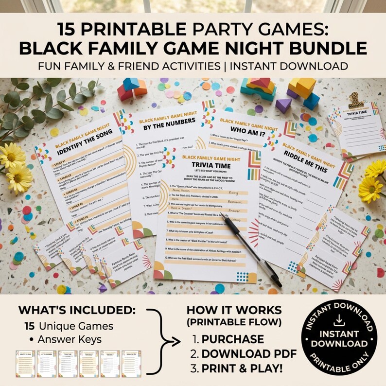 Peut inclure: Un ensemble de 15 jeux de soir&eacute;e Black Family Game Night imprimables. L'image pr&eacute;sente des feuilles de jeu, des blocs de bois, un stylo et le texte "T&eacute;l&eacute;chargement instantan&eacute;". Les jeux incluent des quiz et des &eacute;nigmes.