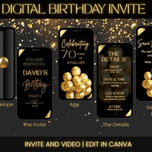 Cena de cumpleaños animada de Evite: Negro y dorado (video digital, plantilla editable)