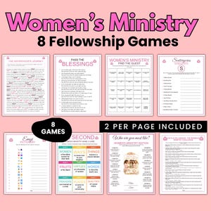 May include: A digital collection of 8 fellowship games for a ministry event, featuring printed sheets with titles like The Sisterhood's Journey, Pass the Blessings, Find the Guest, Scattergories, Emoji Pictionary, and Who are you most like.