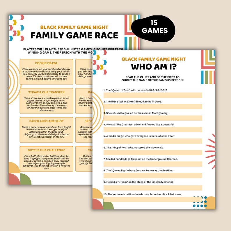 Peut inclure: Un ensemble de jeux de soci&eacute;t&eacute; pour une soir&eacute;e en famille avec deux feuilles de jeu color&eacute;es. L'une est intitul&eacute;e "Family Game Race" avec des instructions pour divers jeux de 5 minutes. L'autre est intitul&eacute;e "Who Am I ?" avec des questions.