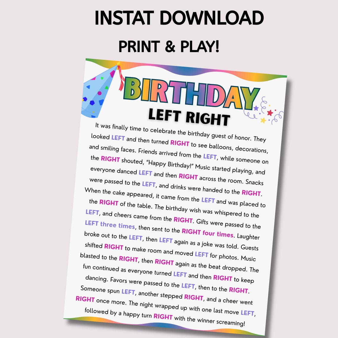 Left Right Birthday Game Printable, Pass the Gift Birthday Story Game ...