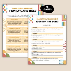 Peut inclure: Jeu de soci&eacute;t&eacute; en deux pages pour la soir&eacute;e Black Family Game Night. La premi&egrave;re page r&eacute;pertorie les instructions du jeu Family Game Race, notamment Cookie Crawl et Bottle Flip Challenge. La seconde page est Identify the Song avec des paroles de chansons.