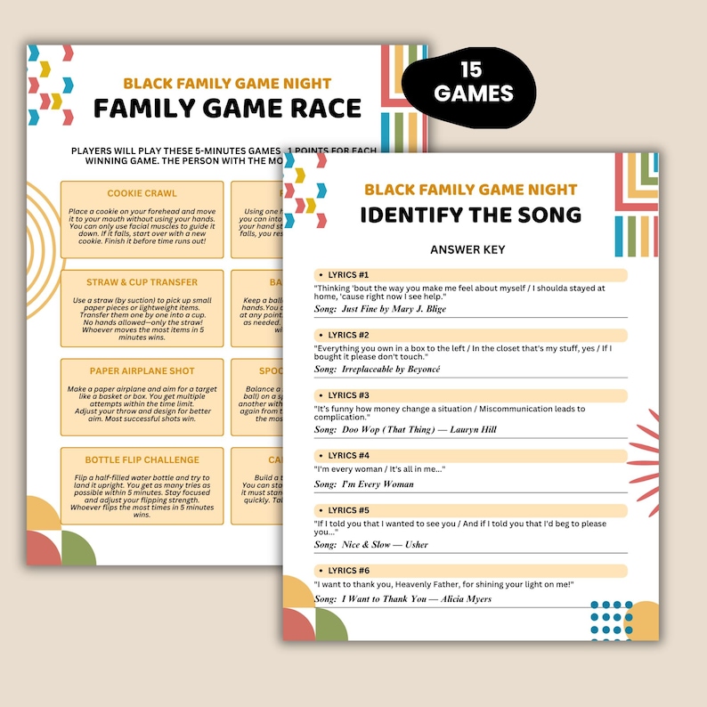 Peut inclure: Jeu de soci&eacute;t&eacute; en deux pages pour la soir&eacute;e Black Family Game Night. La premi&egrave;re page r&eacute;pertorie les instructions du jeu Family Game Race, notamment Cookie Crawl et Bottle Flip Challenge. La seconde page est Identify the Song avec des paroles de chansons.