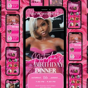 Invitación animada rosa para cena de cumpleaños: Plantilla digital editable de Evite