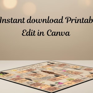 May include: A printable board game with a beige background and a black border. The game board features various squares with text and illustrations. The text "Instant download Printable Edit in Canva" is at the top.