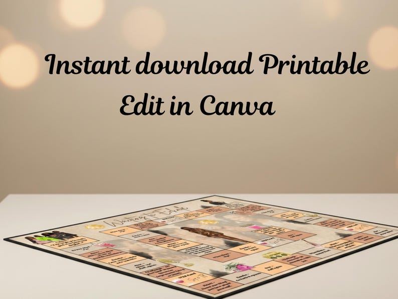 May include: A printable board game with a beige background and a black border. The game board features various squares with text and illustrations. The text "Instant download Printable Edit in Canva" is at the top.