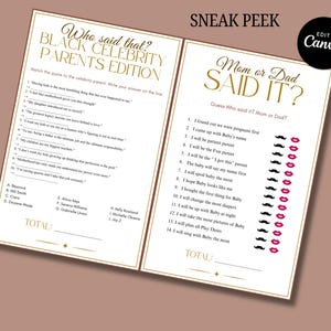 May include: Two printable game sheets with gold text on a white background. One sheet is titled "Who said that? BLACK CELEBRITY PARENTS EDITION." The other sheet is titled "Mom or Dad SAID IT?" Both sheets are on a light brown background.