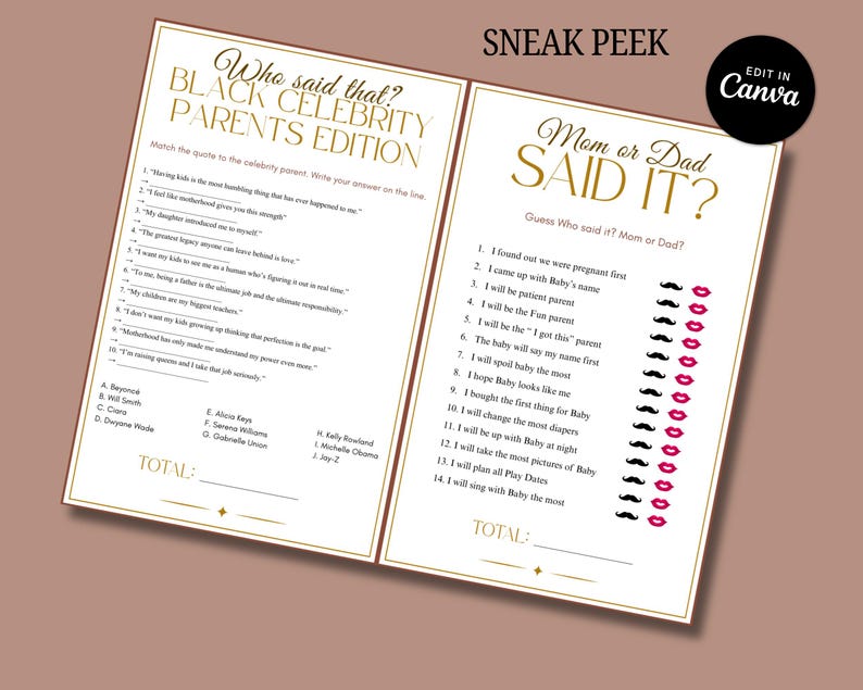 May include: Two printable game sheets with gold text on a white background. One sheet is titled "Who said that? BLACK CELEBRITY PARENTS EDITION." The other sheet is titled "Mom or Dad SAID IT?" Both sheets are on a light brown background.