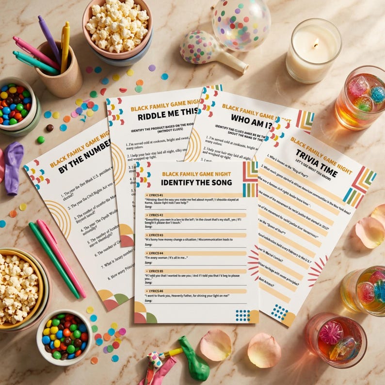 Peut inclure: Une sc&egrave;ne de table avec des cartes de jeu Black Family Game Night, du pop-corn, des bonbons color&eacute;s, des stylos et des boissons. Les cartes de jeu comprennent des &eacute;nigmes, des quiz et l'identification de chansons. D&eacute;corations de f&ecirc;te.