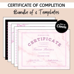 Op de afbeelding: Een bundel van zes certificaatsjablonen. De certificaten hebben een roze marmerontwerp met roze tekst met de tekst "Certificaat van voltooiing". De tekst "Bundle of 6 Templates" is ook zichtbaar.
