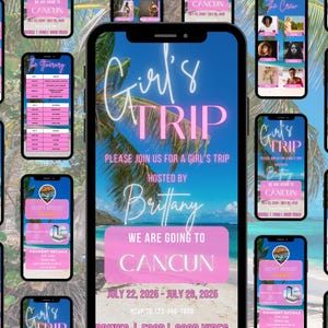 Digital Girls Trip Itinerary Invitation, Birthday Itinerary, Animated Birthday Weekend Travel Itinerary, Vacation Schedule,Canva Template