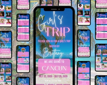 May include: A collection of smartphones displaying a pink and blue "Girl's Trip" invitation. The main phone shows a beach scene with text, including "CANCUN" and "Hosted by Brittany." Other phones show itinerary and crew details.