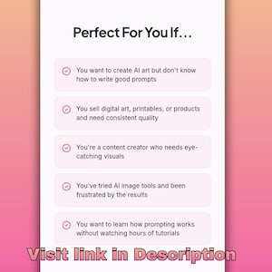 May include: A pink and white graphic with the text "Perfect For You If..." and bullet points describing the benefits of a product. The text "Visit link in Description" is at the bottom.