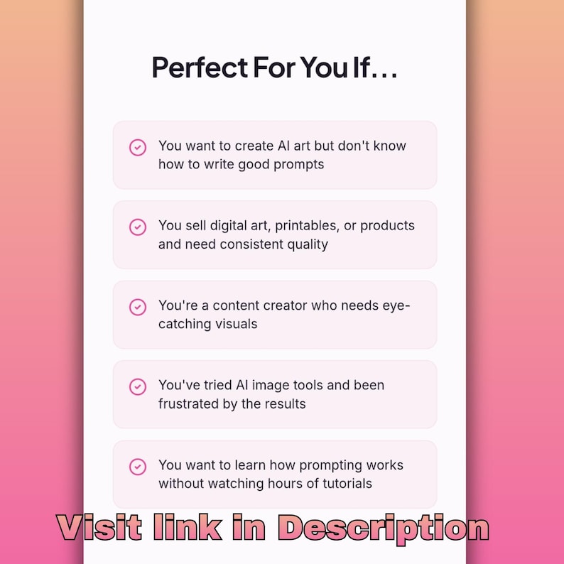 May include: A pink and white graphic with the text "Perfect For You If..." and bullet points describing the benefits of a product. The text "Visit link in Description" is at the bottom.