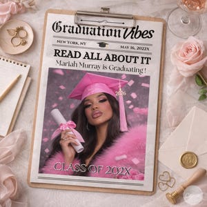 May include: A graduation-themed newspaper clipping with the headline "Graduation Vibes." The image features a woman in a pink graduation cap and gown holding a diploma. Text includes "READ ALL ABOUT IT" and "CLASS OF 202X."