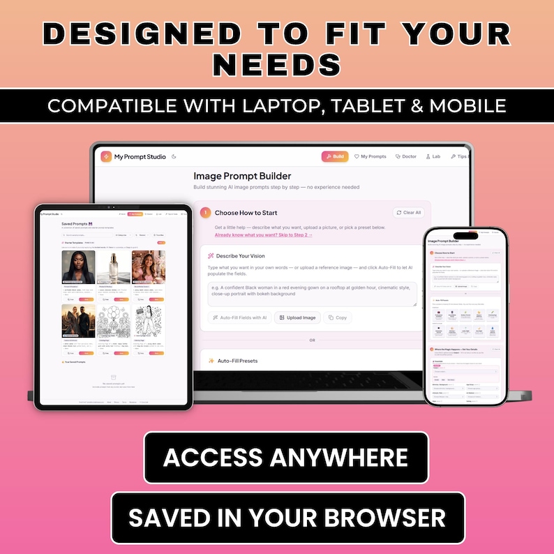 May include: A digital image showing a laptop, tablet, and smartphone displaying the "Image Prompt Builder" interface. The text reads "Designed to Fit Your Needs" and "Compatible with Laptop, Tablet & Mobile."