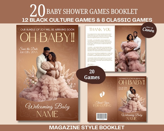 Afrocentric Baby Shower Games, Magazine Style Activity Booklet, Black Pop Culture, Iconic Black Mama Sayings, Canva Template