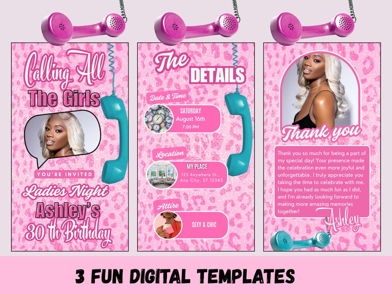 Puede incluir: Plantillas de invitaci&oacute;n digital rosa para una fiesta de cumplea&ntilde;os de chicas. El dise&ntilde;o incluye un fondo rosa con estampado de leopardo, tel&eacute;fonos turquesa y el texto "Calling All The Girls". La invitaci&oacute;n incluye la fecha, hora, lugar y vestimenta.