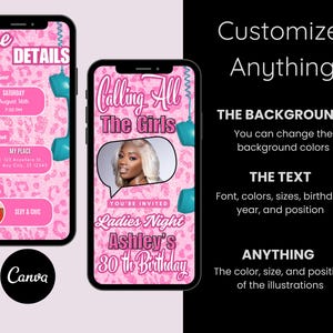Puede incluir: Dos smartphones que muestran invitaciones rosas para fiestas con fondos de estampado de leopardo. Uno dice "The Details" y el otro "Calling All The Girls". Las invitaciones son para un 30 cumplea&ntilde;os de Ladies Night.