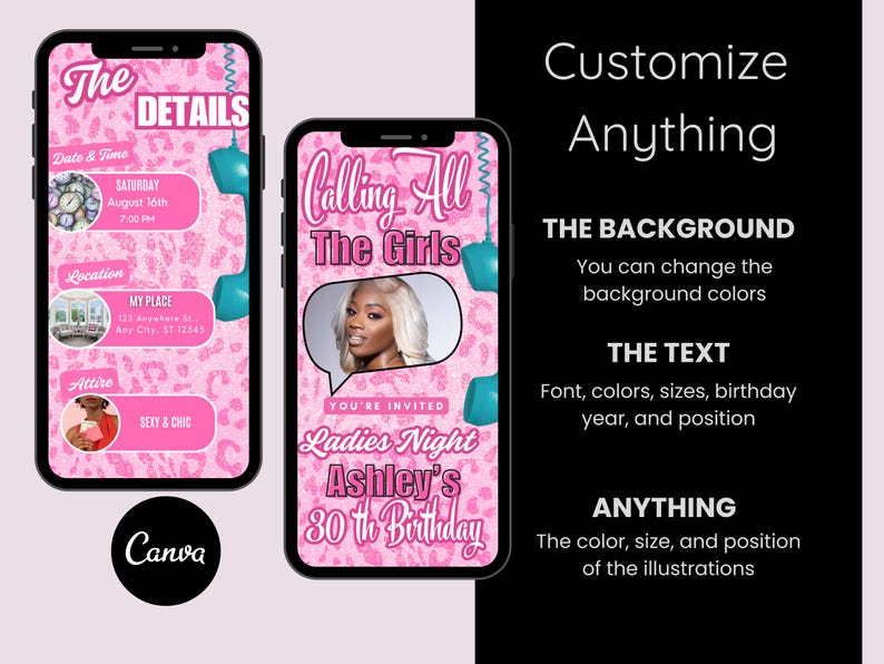 Puede incluir: Dos smartphones que muestran invitaciones rosas para fiestas con fondos de estampado de leopardo. Uno dice "The Details" y el otro "Calling All The Girls". Las invitaciones son para un 30 cumplea&ntilde;os de Ladies Night.