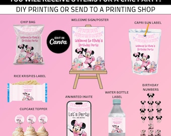 Könnte beinhalten: Minnie Mouse Geburtstagsparty-Bundle mit acht Artikeln. Enthält Chip-Tüte, Willkommensschild, Capri-Sun-Etikett, Rice-Krispies-Etikett, Cupcake-Topper, animierte Einladung, Wasserflaschenetikett und Geburtstagszahlen. Alle Artikel zeigen Minnie Mouse.