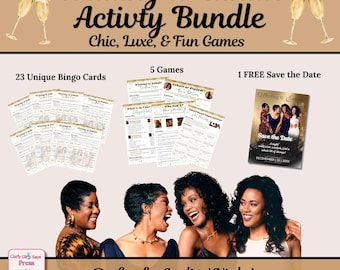 May include: A Waiting to Exhale activity bundle featuring 23 bingo cards, 5 games, and 1 save the date card. The design includes gold champagne glasses, text, and a photograph of four women. A pink Curly Girl Says Press logo is in the corner.