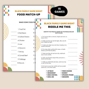 Peut inclure: Jeu de soci&eacute;t&eacute; en deux pages pour la soir&eacute;e de jeux Black Family. La premi&egrave;re page est un jeu d'association de nourriture, et la seconde est un jeu d'&eacute;nigmes. Les jeux pr&eacute;sentent des graphiques et du texte color&eacute;s, avec les mots "Black Family Game Night".