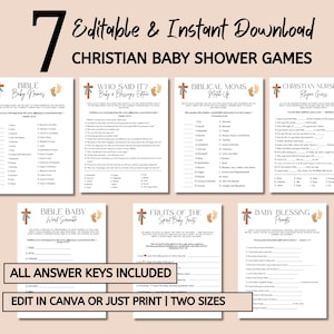 May include: A set of seven printable Christian baby shower games. The games include Bible Baby Names, Who Said It?, Biblical Moms Match Up, Christian Nursery Rhyme Guess, Bible Baby Word Scramble, Fruits of the Spirit Baby Traits, and Baby Blessing Prompts.