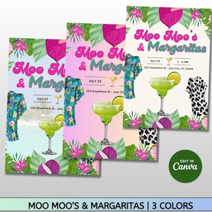 Pode incluir: Três folhetos coloridos para eventos com o texto "Moo Moo's & Margaritas". Cada folheto apresenta um coquetel de margarita, flores tropicais e um vestido. A data "29 de julho" é exibida. A parte inferior dos folhetos diz "Moo Moo's & Margaritas | 3 cores."